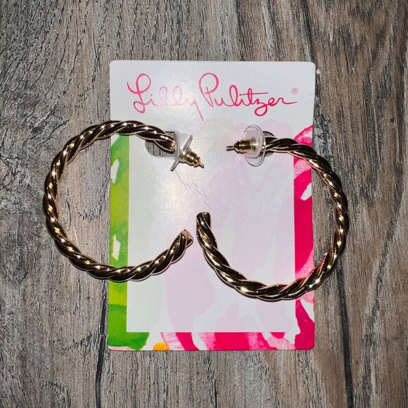New Lilly Pulitzer Tropical Twist Gold Metallic Hoop Earrings - Picture 3 of 4